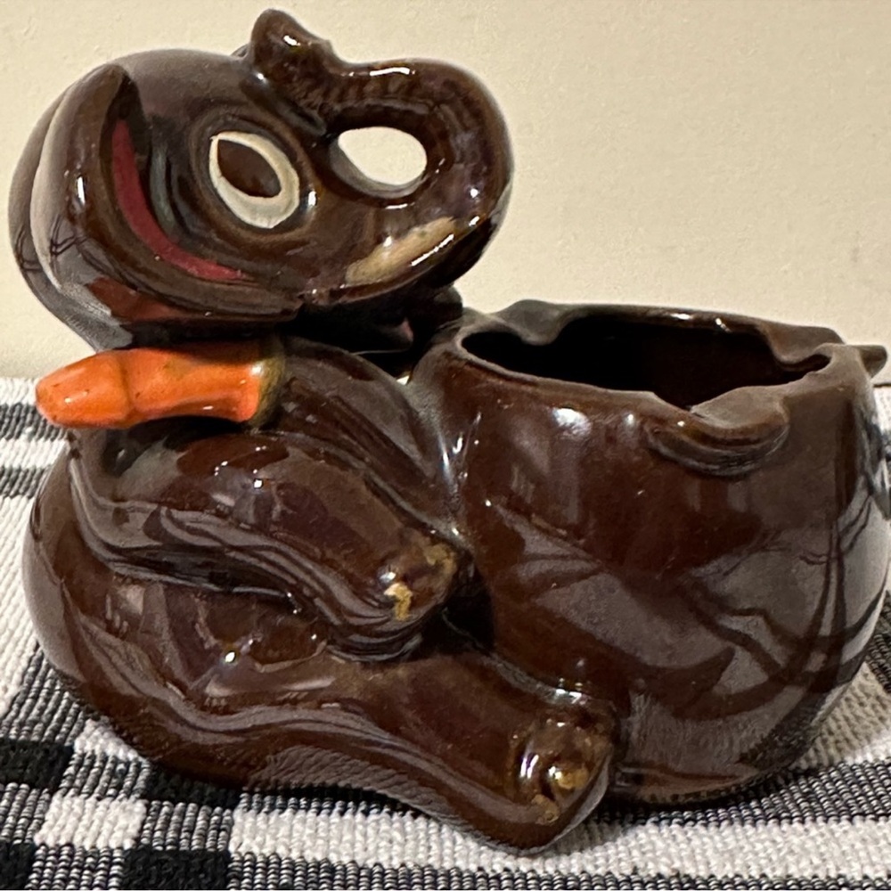 Vintage 1950’s~60’s Redware Pottery Elephant With Pipe Ashtray